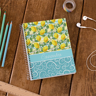 Caderno Espiral Padrão de Fruta de Limão de Verão Mediterrâneo Per