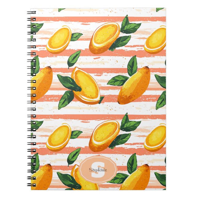 Caderno Espiral Padrão de Fruta de Mango com Folhas Verdes (Frente)