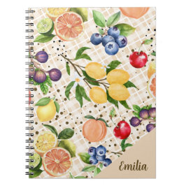 Caderno Espiral Padrão de fruta monograma Laranja Marrom Bonito