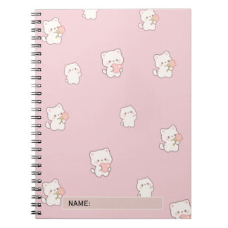 Caderno Espiral Padrão de Gato Branco Fofo – Corações e Flores Kaw