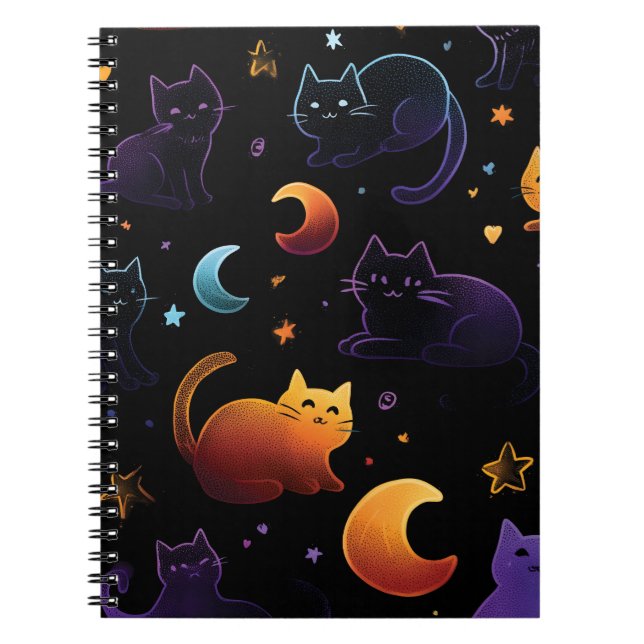 Caderno Espiral Padrão de Gato Celestial Mágico com Luas (Frente)