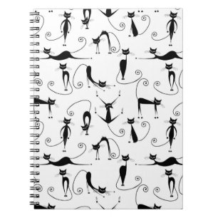 Caderno Espiral Padrão de Gato Preto Esbranquiçado Whimsical