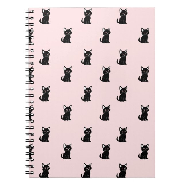 Caderno Espiral Padrão de Gato Preto Fofo em Rosa Pastel (Frente)