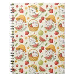 Caderno Espiral Padrão de Gatos com Frutas de Verão - Design de Pi