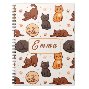 Caderno Espiral Padrão de Gatos Fofos Nome Monograma Personalizado