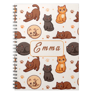 Caderno Espiral Padrão de Gatos Fofos Nome Monograma Personalizado