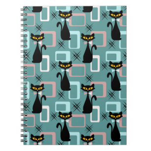 Caderno Espiral padrão de gatos pretos do meio século