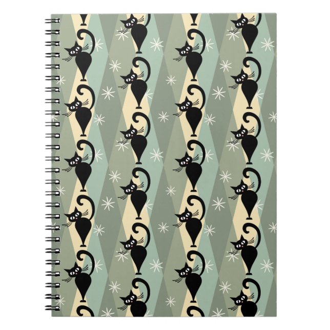 Caderno Espiral padrão de gatos pretos do meio século (Frente)