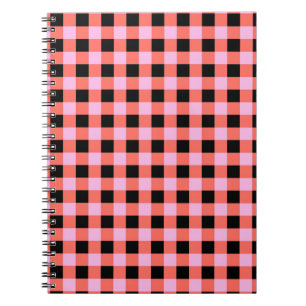 Caderno Espiral Padrão de Gingham, com Verificação a Preto, Rosa