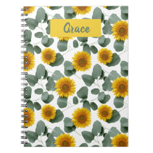 Caderno Espiral Padrão de girassóis com folhas de eucalipto person