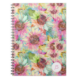 Caderno Espiral Padrão de Girassol Aquarela Romântica