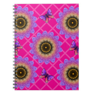 Caderno Espiral Padrão de Girassol e Borboleta de Veludo Roxo