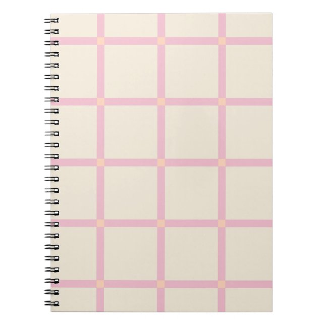 Caderno Espiral Padrão de Grade Bege e Rosa Suave (Frente)