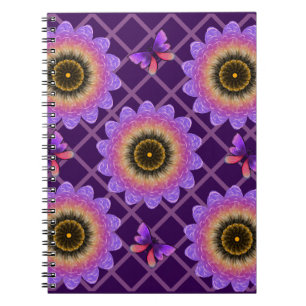 Caderno Espiral Padrão de Grade de Borboleta e Flor Cottagecore