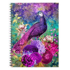 Caderno Espiral Padrão de Grunge de Pavão Ilustrado Vintage