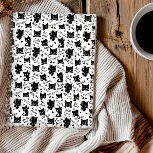 Caderno Espiral Padrão de Halloween de Gato Preto Fofo para Amante