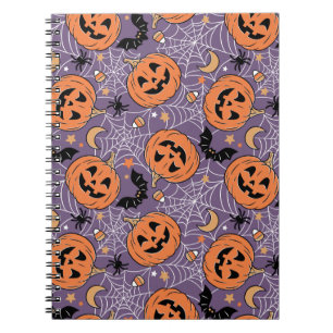 Caderno Espiral Padrão de Halloween do Jack-O-Lanterna Roxo