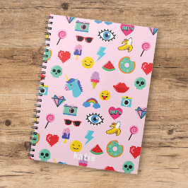 Caderno Espiral Padrão de Ícones Emojis Rosa Fofo dos Anos 80 