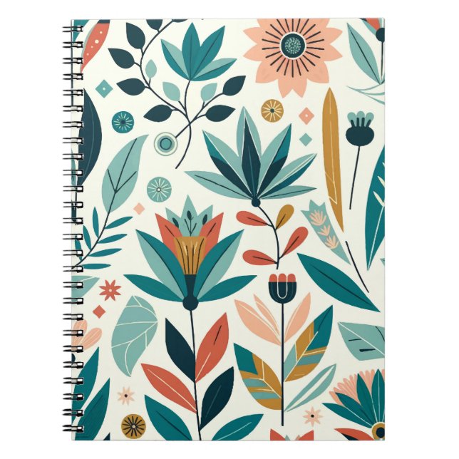 Caderno Espiral Padrão de Impressão Floral Moderno Laranja Verde (Frente)