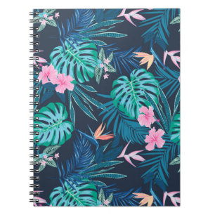 Caderno Espiral Padrão de Jardim de Flor Tropical Azul