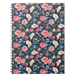 Caderno Espiral Padrão de Jardim Floral Azul Naval Romântico