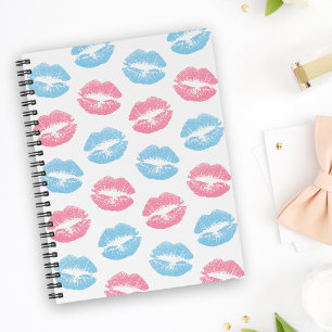 Caderno Espiral Padrão de Lábios Azul e Rosa, Batom, Beijo