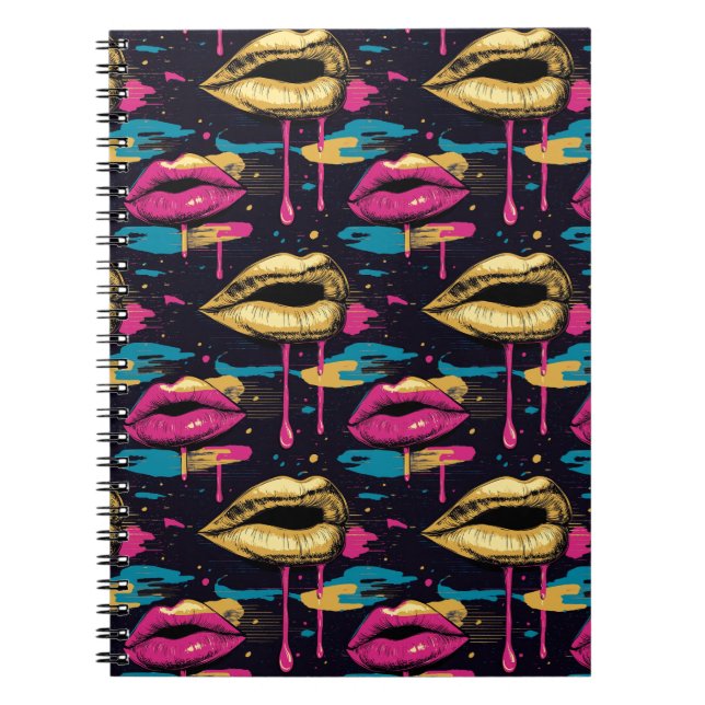 Caderno Espiral Padrão de Lábios de Pop Art em Negrito com Gotejam (Frente)