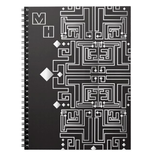 Caderno Espiral Padrão de Labirinto Preto e Branco Monogramado (Frente)