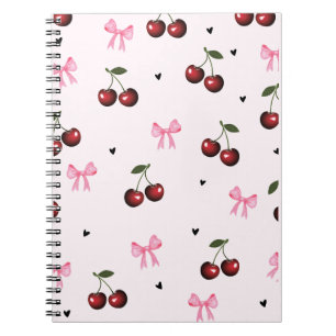 Caderno Espiral Padrão de Laços Cereja e Rosa - Estética Coquette