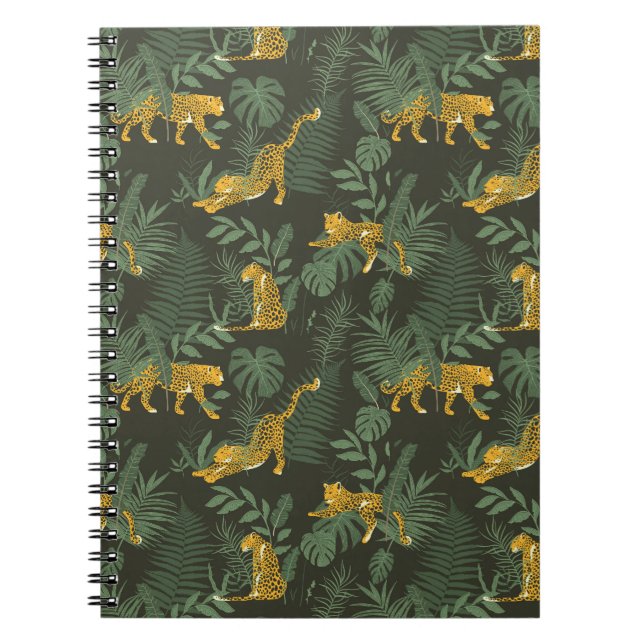 Caderno Espiral Padrão de leopardo da selva e folhas da selva (Frente)