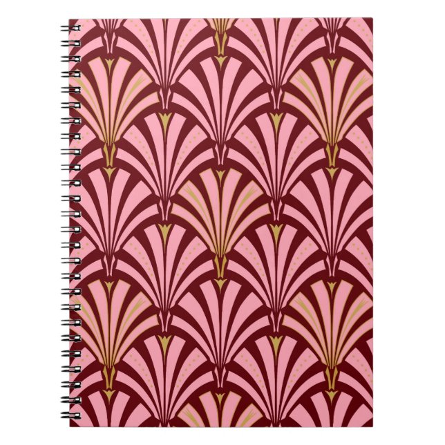 Caderno Espiral padrão de leque Art Deco - rosa e grená (Frente)