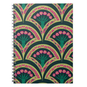 Caderno Espiral Padrão de leque floral rosa e verde