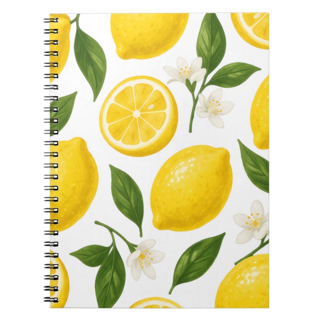Caderno Espiral Padrão de Limão Fresco com Folhas e Flores (Frente)
