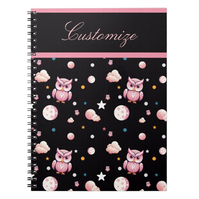Caderno Espiral Padrão de Luar de Coruja Rosa (Frente)