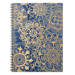 Caderno Espiral Padrão de Mandala Azul e Dourado