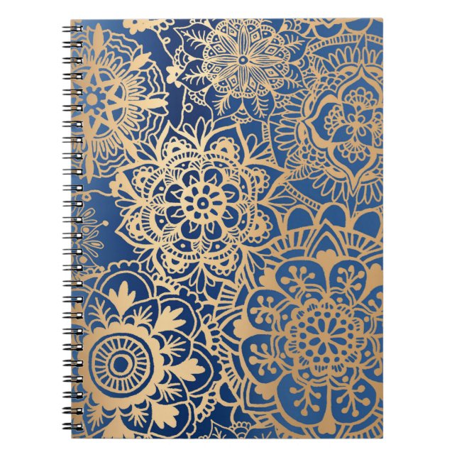 Caderno Espiral Padrão de Mandala Azul e Dourado (Frente)