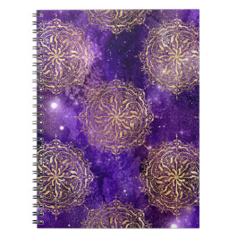 Caderno Espiral Padrão de Mandala Dharma da Galáxia Dourada e Roxa