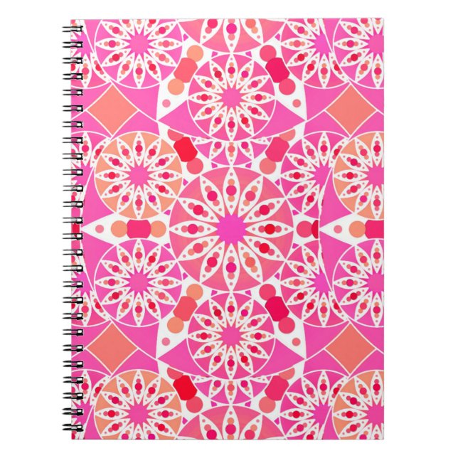 Caderno Espiral Padrão de mandala, tons de rosa e coral (Frente)
