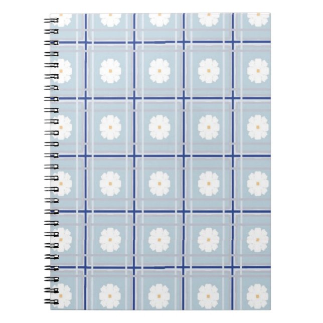 Caderno Espiral Padrão de Margarida Xadrez Azul (Frente)