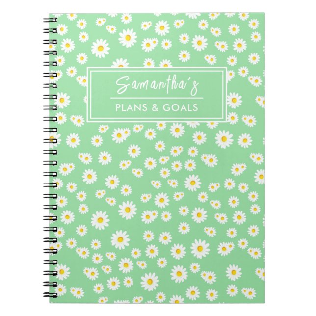 Caderno Espiral Padrão de Margaridas Boho Verdes da Primavera (Frente)