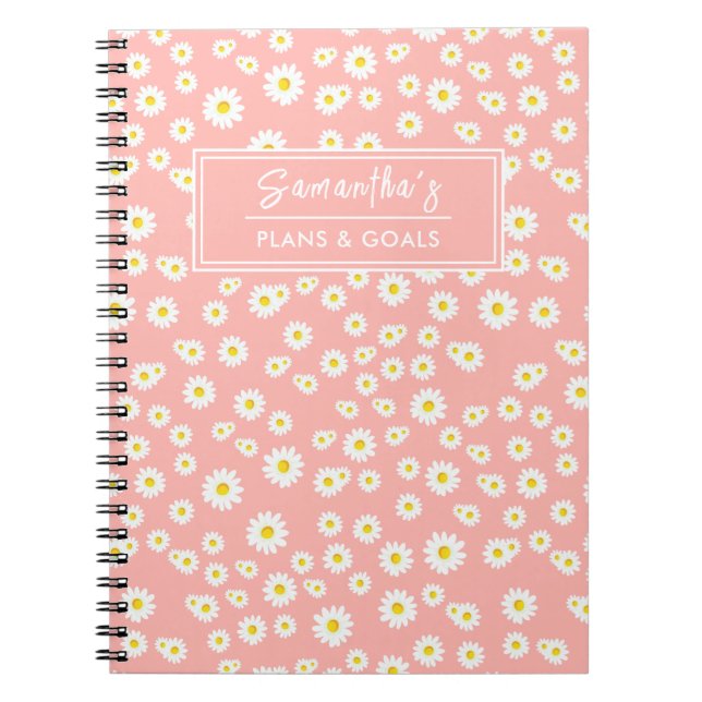Caderno Espiral Padrão de Margaridas da Primavera Rosa Coral Boho (Frente)