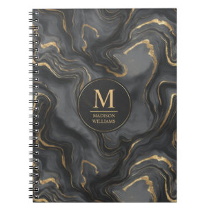 Caderno Espiral Padrão de Mármore Personalizado Cinza Preto e Dour