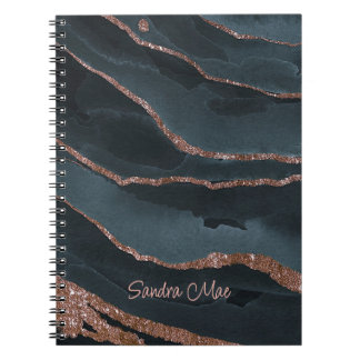 Caderno Espiral Padrão de Mármore Rosa Bege Dourado Azul Escuro Pe