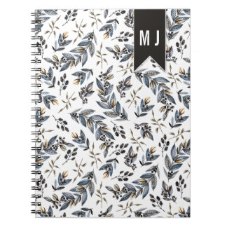 Caderno Espiral Padrão de Monograma de Folhas e Frutas Pretas |