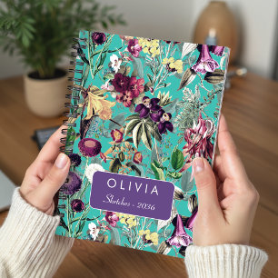 Caderno Espiral Padrão de Monograma de Folhas Florais de Água Ment