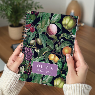 Caderno Espiral Padrão de Monograma de Frutas Tropicais Preto Eleg