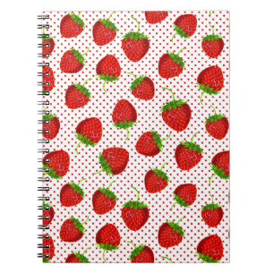 Caderno Espiral Padrão de Morango Vermelho e Pontos