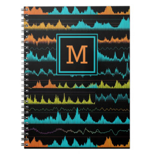 Caderno Espiral Padrão de Onda Sonora Abstrata Retro Monograma