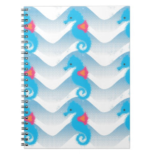 Caderno Espiral Padrão De Ondas Azuis E Cavalos-marinhos