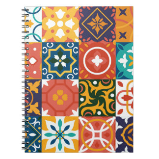 Caderno Espiral Padrão de Ornamentado de Azulejos de Vintagem Geom